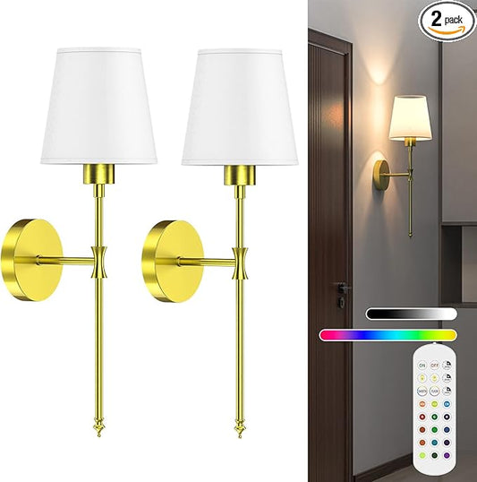 Stylish Battery Operated Wall Sconce, Set of 2 Wireless Wall Lights for Bedroom and Living Room, Remote-Controlled Wall Lamps with 12 Color Modes for Cozy Ambiance (Golden)