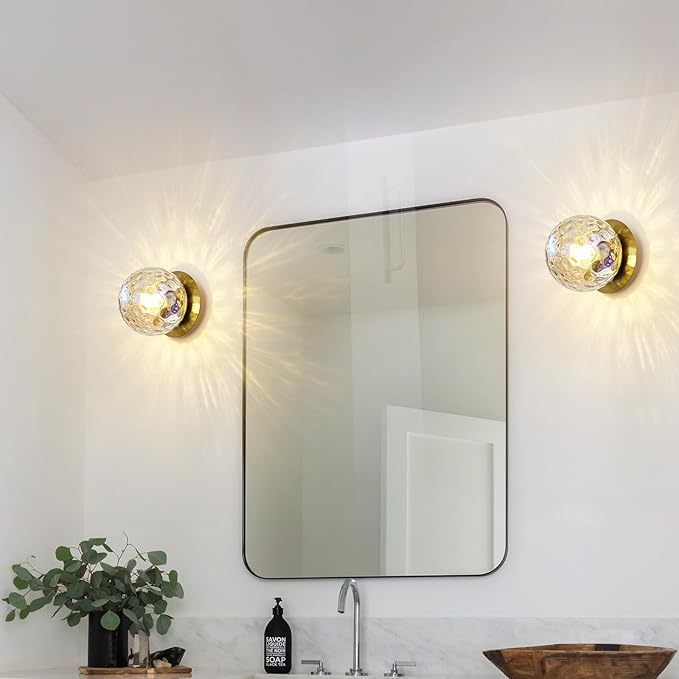 Modern Glass Globe Wall Sconce: Gold Spherical Sconces Light with Hammered Stained Glass Shade - Small Brass Vanity Single Ball Lights Fixture - Contemporary Wall Mounted Lamp for Bedroom Living Room
