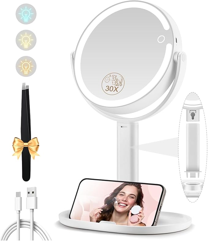 Makeup Mirror with Lights, Double Sided 1x/30x Magnifying Mirror with Light, Rechargeable 3 Color Lights and Adjustable Brightness, 360° Rotation Detachable Comes with Tweezer(Ivory)