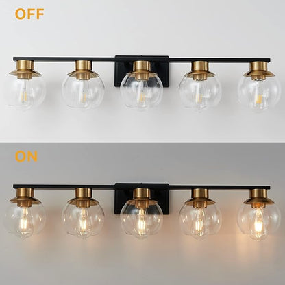 PAZALA Black Gold Bathroom Light Fixtures Over Mirror 5-Lights Vanity Light Wall Sconce with Globe Glass Shade, E26 Base, Perfect for Hallway Picture Wall Lighting Bathroom Bedroom Mirror Living Room