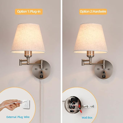 Swing Arm Wall Lamp Wall Mount Lamp with Cord Plug in Wall Sconce Lighting with Dimmable On Off Switch Wall Light with USB Port Plug in Wall Lamp for Bedroom Reading Satin Nickel Finish