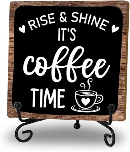Coffee Bar Decor Sign, Rise & Shine It's Coffee Time Sign With Stand For Farmhouse Home Kitchen Table, Wine Sign For Farmhouse Home Kitchen Office Bar Shelf Table, Gifts For Family Friend Coworker