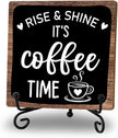 Coffee Bar Decor Sign, Rise & Shine It's Coffee Time Sign With Stand For Farmhouse Home Kitchen Table, Wine Sign For Farmhouse Home Kitchen Office Bar Shelf Table, Gifts For Family Friend Coworker