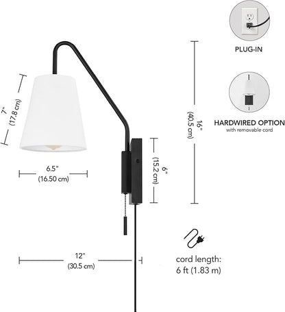 Globe Electric 65000043 1-Light Plug-in or Hardwire Wall Sconce, Matte Black, White Fabric Shade, Swing Arm, 6ft Black Braided Fabric Cord, On/Off Pull Chain, Wall Lights for Living Room, Home Décor