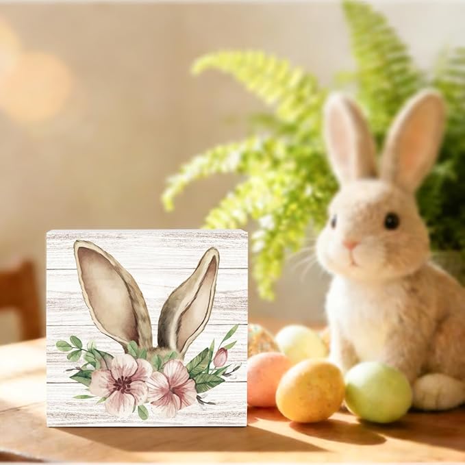 Funny Easter Sign Easter Bunny Decor Decorations Bunny Spring Flower Table Decor Indoor for Home Office Desk Table Shelf Tiered Tray Decorations 5 X 5 Inch