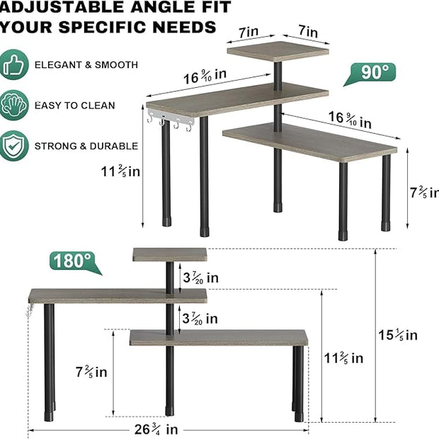 ZHWS Kitchen Countertop Organizer, Bathroom Counter Organizer, Adjustable 3 Tier Corner Shelf with 4 Metal Hooks for Counter Organize, Spice Rack, Makeups, Coffee Station Bookshelf (Rustic Grey)