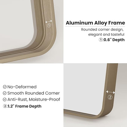 Bronze Bathroom Mirror 22x30 Inch, Brushed Bronze Metal Frame Mirror for Wall, Rounded Rectangle Bathroom Vanity Mirror with Tempered Glass, Anti-Rust, Horizontal/Vertical
