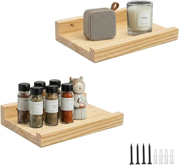 Z metnal Small Decor Shelves, Mini Floating Wooden Display Wall Shelf for Smart Speaker WiFi Collectables, Sauna Shelves, Wood, Wall Mounted, 8 x 5.5 inch, 2 Pack