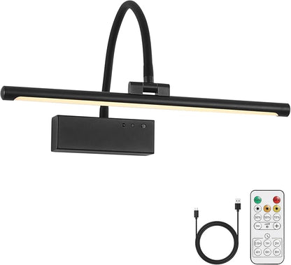 JOOSENLUX Wireless Picture Light - Battery Operated Black Wall Light with Remote Control - Dimmable Timer - 15.94” Display - Flexible Neck Swing Arm - Art Gallery Light