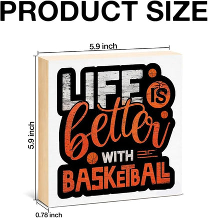 Basketball Home Decor - Gift for Basketball Lover - Double-sided Wood Box Sign for Home Kitchen Farmhouse Office Tiered Tray Desk Shelf Decor