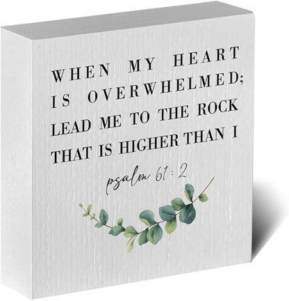 When My Heart Is Overwhelmed Bible Verse Artwork Wood Box Sign Rustic Farmhouse Style Psalm 61 : 2 Christian Wood Block Plaque 5 X 5 Inches Home Office Desk Sign Decor for Presents