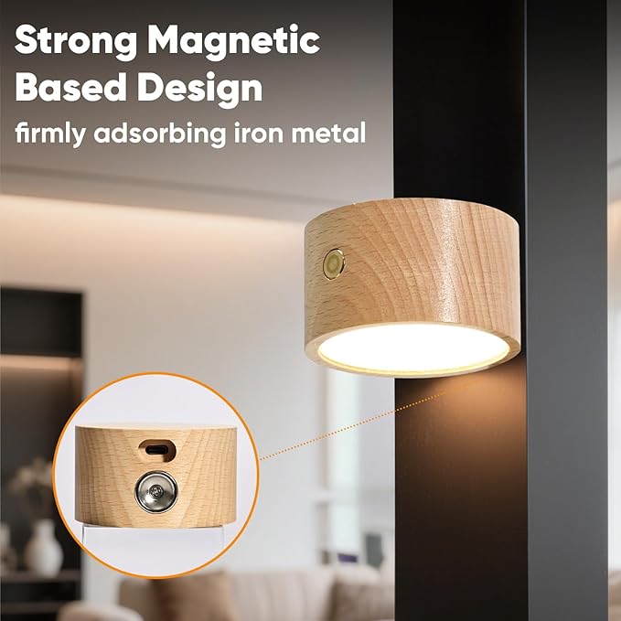 Rechargeable Wall Lights Battery Operated, Battery Wall Sconces Set of Two for Bedroom, Wood Lights of Sweden Wall Lamps, 360° Rotation Dimmable Brightness Wireless Wall Sconce with Touch Control
