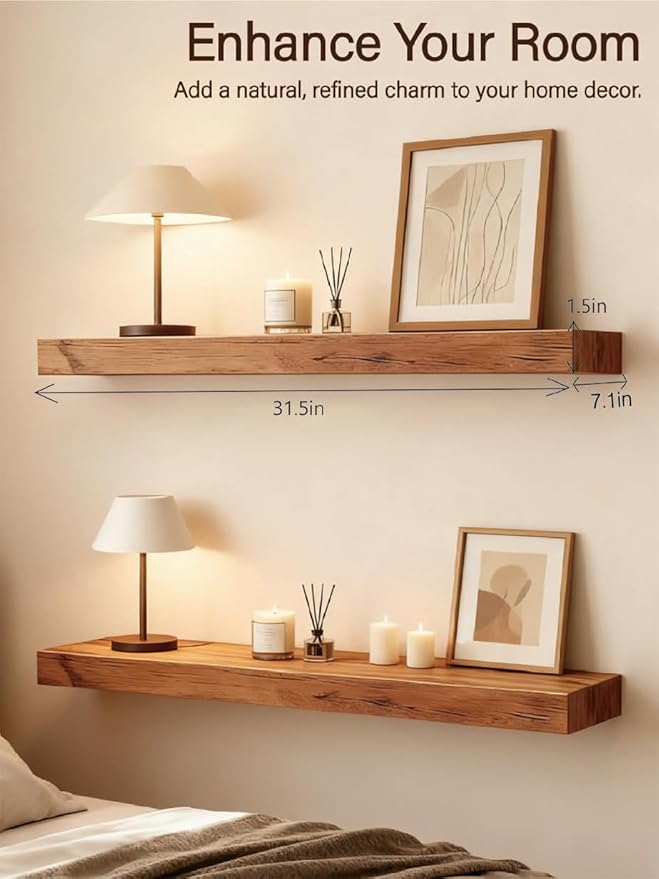 Solid Wood Floating Shelves,31.5in Finished Real Wood Wall Shelves with Heavy-Duty Hidden Bracket, Easy Installation, Set of 2, 31.5in x 7.1in x 1.5in, for Living Room Bedroom Kitchen,Bronze