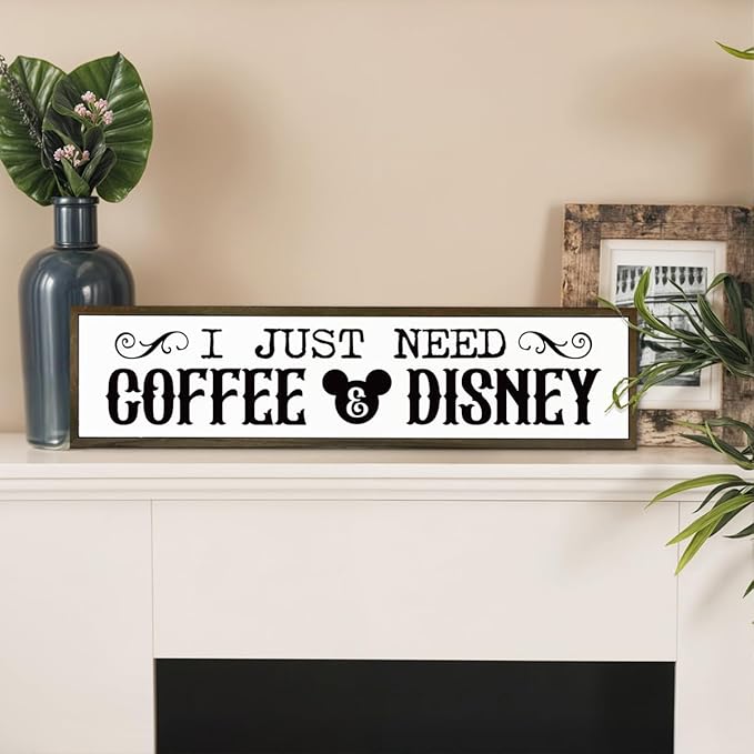WKYAER Coffee Wood Sign, Decorative Wooden Hanging Sign, Farmhouse Table Shelf Decoration for Home Kitchen, Coffees Bar Decor, Cafe Decor, I Just Need Coffee & Disney Signs