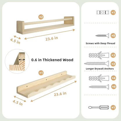 Floating Book Shelves for Wall, 23.6" Natural Wood Nursery Shelves for Book Storage, Solid Pine Wooden Floating Bookshelf for Bedroom Living Room, Set of 2+1, Unfurnished - DIY