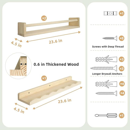 Floating Book Shelves for Wall, 23.6" Natural Wood Nursery Shelves for Book Storage, Solid Pine Wooden Floating Bookshelf for Bedroom Living Room, Set of 2+1, Unfurnished - DIY