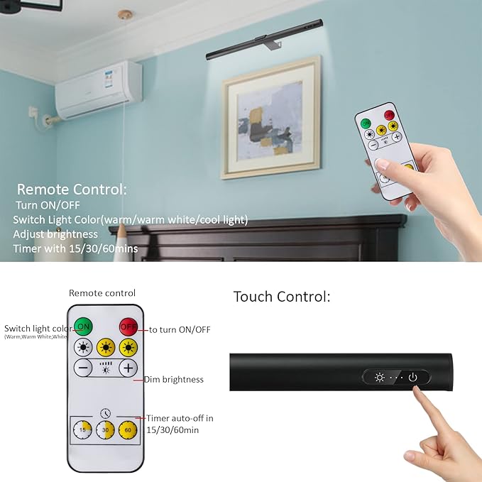 Rechargeable Picture Light Battery Operated,19.7" Wireless Painting Light with Remote Control,Metal Art Display Lamp,3 Modes,Dimmable Dartboard Light with Timer for Frame Picture