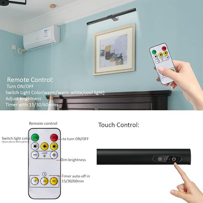 Rechargeable Picture Light Battery Operated,19.7" Wireless Painting Light with Remote Control,Metal Art Display Lamp,3 Modes,Dimmable Dartboard Light with Timer for Frame Picture
