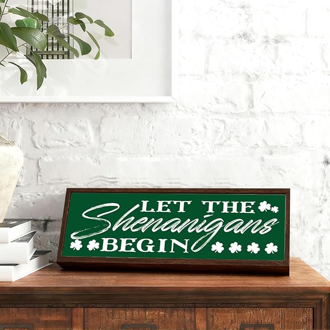 Farmhouse St Patricks Day Decor, Rustic Green Shamrock Wood Block Sign, Irish Holiday Party Decors for Table Shelf, Desk Decor Art, Housewarming Gift, 9.5x3.1x1 inches