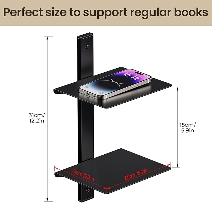 Floating Book Shelves for Wall, 2 Tier Invisible Floating Bookshelf, Vertical Spine Book Tower, Wall Mounted & Space Saving, Heavy Duty Metal Book Organizer for Home Office, 1 Pack Black