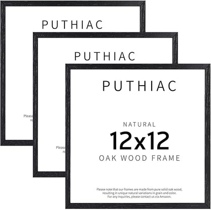 puthiac 12x12 Solid Oak Wood Picture Frame, Fits 8x8 with Mat or 12x12 Without Mat, Wall Display Only, Plexi Front, 3 Pack, Black