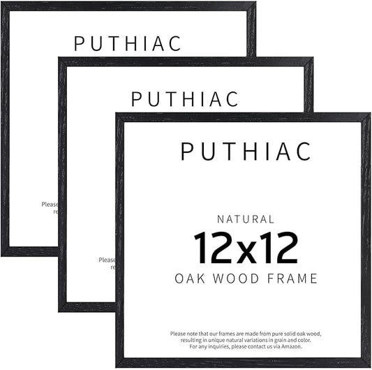 puthiac 12x12 Solid Oak Wood Picture Frame, Fits 8x8 with Mat or 12x12 Without Mat, Wall Display Only, Plexi Front, 3 Pack, Black