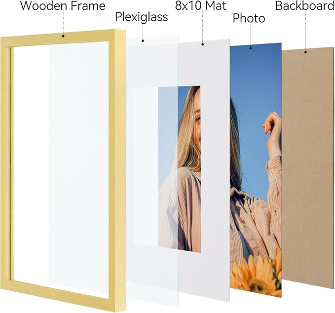 Vittanly 11x14 Picture Frames Set of 4, Display Pictures 8x10 with Mat or 11x14 without Mat, Gallery Wall Frame for Wall or Tabletop Display, Engineered Wood with Shatter Resistant Plexiglass, Gold