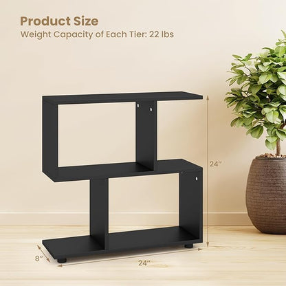 Tangkula 2 Tier Geometric Bookshelf, Freestanding Wood Display Shelf, Home Office Room Divider S Shaped Open Bookcase, Small Bookshelf for Small Spaces, Living Room, Study (Black, 2)