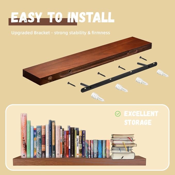 Habudda Floating Shelves for Rustic Home Decor, Natural Solid Wood Wall Shelf, Invisible Bracket Wall Mount, 23.6 Inches, 2 Pack