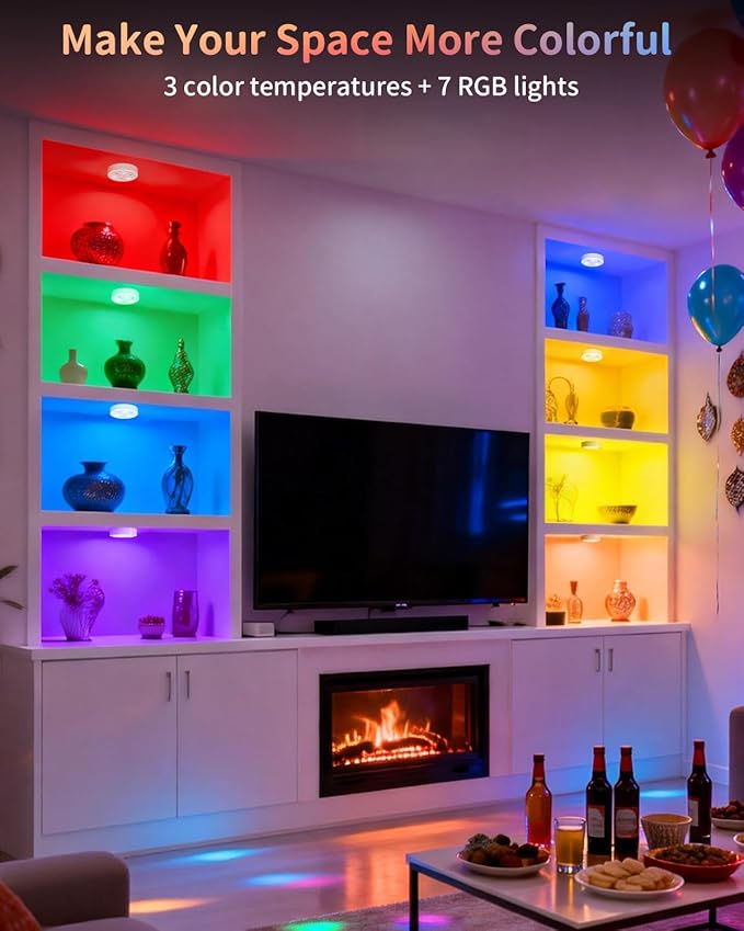 4-Pack Puck Lights with Remote, 1800mAh Rechargeable Under Cabinet Lighting, 3 Color Temps & 7 RGB Colors, Long-Lasting Dimmable Stick-On Lights for Cabinet, Kitchen, Shelf, Party