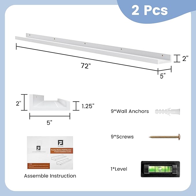Picture Ledge Shelf, Floating Shelves Set of 2, Solid Ash Wood 72'' Long Large Nursery Book Shelves for Toys Storage, Kids Bookshelf for Living Room Bedroom Decor Books Photo Frames, White