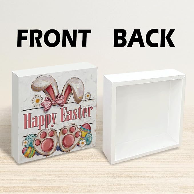 Easter Tiered Tray Decor Happy Easter Bunny Wooden Box Sign, Rustic Farmhouse Spring Desk Tabletop Decoration, Easter Shelf Plaque for Home Living Room Kitchen