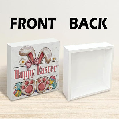 Easter Tiered Tray Decor Happy Easter Bunny Wooden Box Sign, Rustic Farmhouse Spring Desk Tabletop Decoration, Easter Shelf Plaque for Home Living Room Kitchen