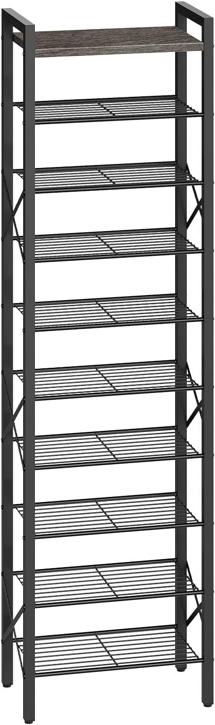 10-Tier Narrow Shoe Rack, Tall Shoe Rack for 10-20 Pairs, Slim Shoe Storage Organizer with Wooden Top, Space Saving, Metal Frame, for Entryway, Charcoal and Black SS68BC