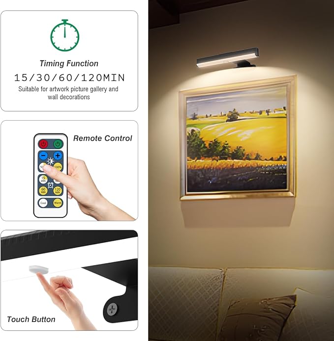 4Pack Wireless Picture Light with Remote,Battery Operated Wall Sconces for Wall Decor,3 Color Timer&Dimmable Paintings Light LED Art Display Lamp Picture Frame Light for Artwork Posters Gallery-Black