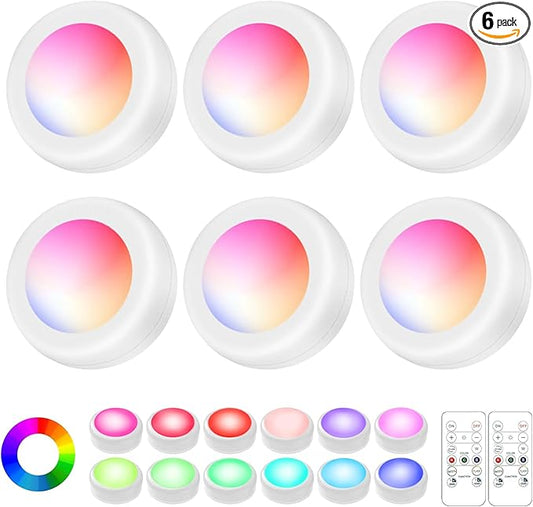 LED Puck Lights with Remote Control, Wireless Under Cabinet Lighting,Color Changing Lights with Dimmer and Timer, AAA Battery Operated Powered Push Night Lights (6 Pack White)