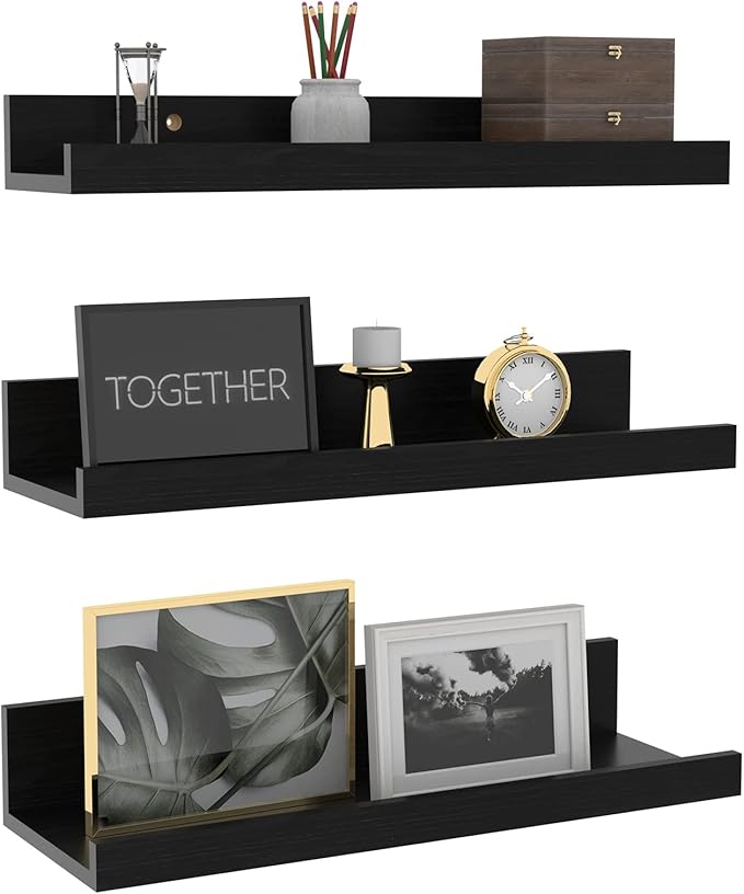 Giftgarden 16 Inch Black Floating Shelves for Wall Mount, Woodgrain Wall Shelf Ledge for Bathroom Bedroom Kitchen Living Room Office Storage, Set of 3 Different Sizes
