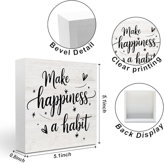 Inspirational Gifts for Women, Inspirational Wood Decor Make Happiness A Habit Wood Box Sign, Motivational Desk Decorative Signs for Home Office Table Shelf Cubicle