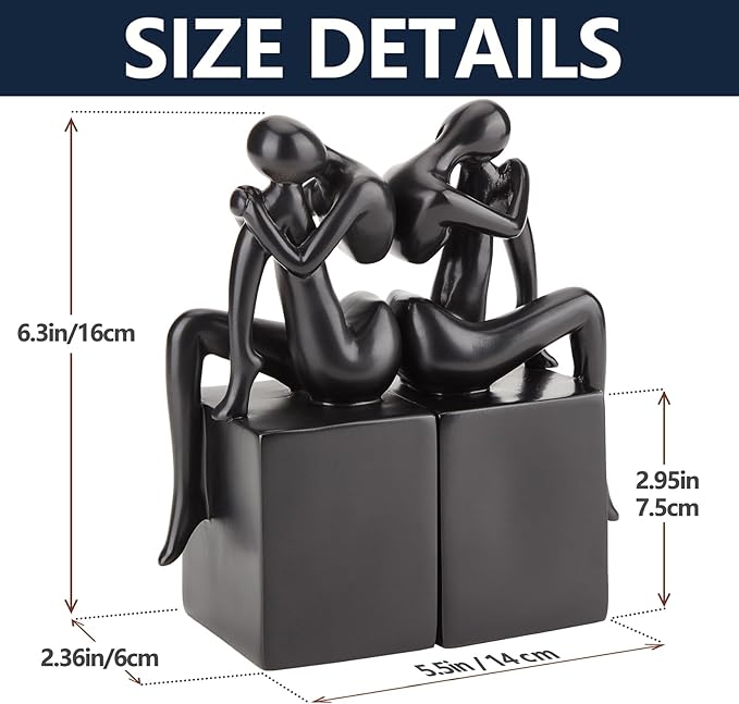 Black Book Ends Decorative, Girl Thinker Design, Modern Bookends for Shelves, Non-Skid Heavy Duty Resin Book Stopper for Books,Bookends with Base, Resin, 1Pair/2Piece