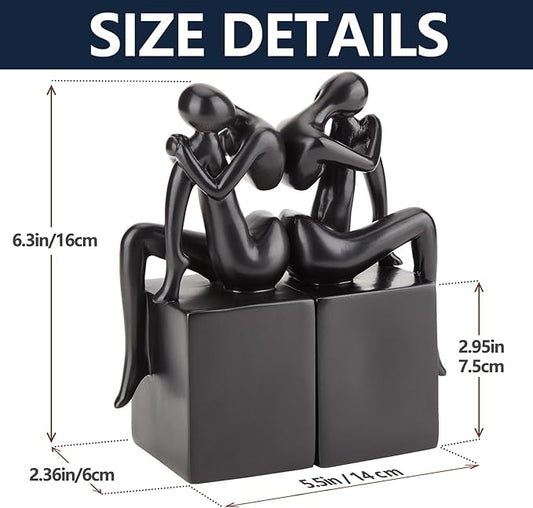 Black Book Ends Decorative, Girl Thinker Design, Modern Bookends for Shelves, Non-Skid Heavy Duty Resin Book Stopper for Books,Bookends with Base, Resin, 1Pair/2Piece