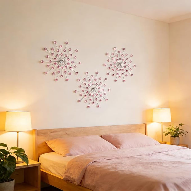 ZEXUIRU 3 Pack Silver Sunburst Wall Decor – Metal Crystal Wall Art with Sparkling Rhinestones, 14’’/18 Inch Starburst Wall Hanging Set for Living Room Bedroom Bathroom – Modern Bling Home Decorations