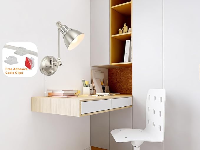 1 Pack Plug in Wall Sconce with Remote Control, Dimming, Adjustable Colors 2700K-6500K, Plug in Wall Light, Swing Arm Wall Lamp with Night Light & Timer, LED Bulb Included, Brushed Nickel