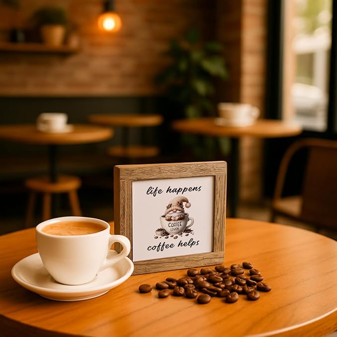 Coffee Bar Decor, Life Happens Coffee Helps Wooden Box Sign, Funny Gnome Wooden Block Sign, Bar Decorations for Home, Rustic Wood Table Top Decor 5.9×5.9 inch