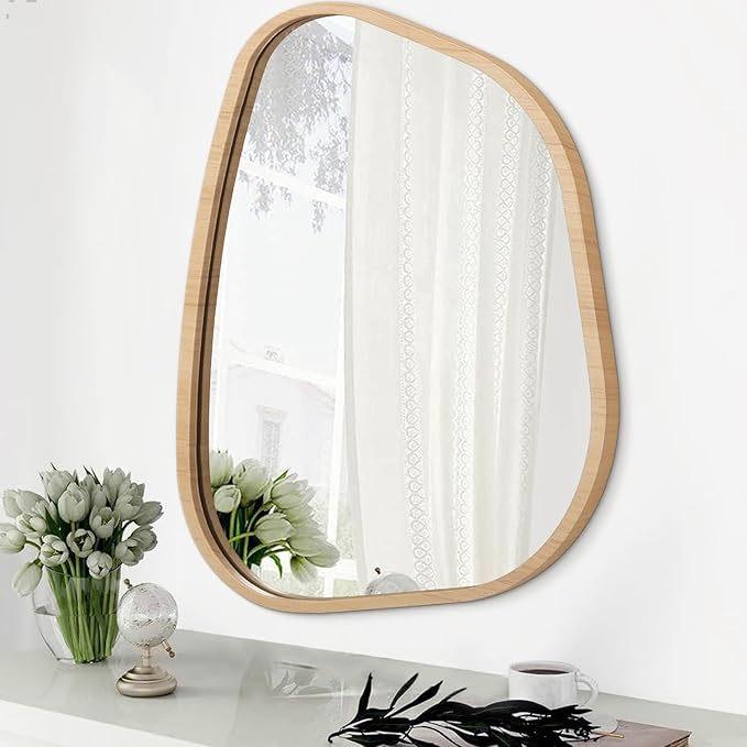 Irregular Bathroom Mirror Modern Wall Mirror Asymmetrical Wooden Framed Wall Mirror Unique Shape Wall Mounted Vanity Artistic Mirror Decor for Living Room Bedroom Entryway Large 26
