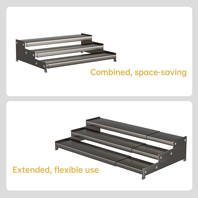 Expandable Carbon Steel Spice Rack Organizer for Pantry, Adjustable 3-Tier Ladder Shelf,Holds Up to 24 Cans,Kitchen Countertop Organizer, Rustproof Storage Rack for Spices, Cans, Sauces & Dry Goods