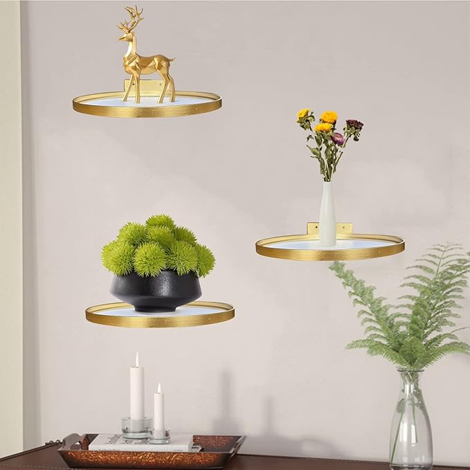 Cityelf Floating Shelves Wall Mounted Wall Decor Iron Glass Hanging Shelf Home Decor Set of 3 Display Ledge Shelves for Living Room Bedroom Office-Gold