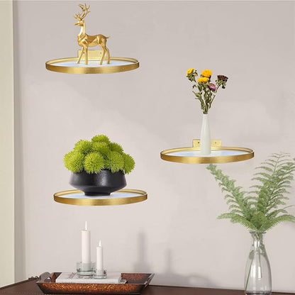 Cityelf Floating Shelves Wall Mounted Wall Decor Iron Glass Hanging Shelf Home Decor Set of 3 Display Ledge Shelves for Living Room Bedroom Office-Gold
