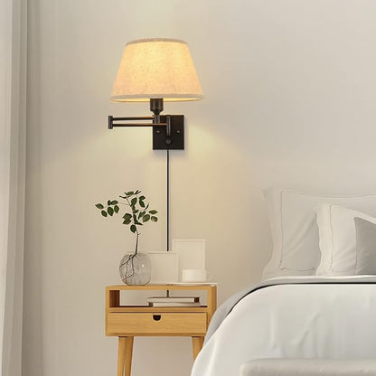 TRLIFE Dimmable Wall Sconce Plug in, Wall Sconces Set of Two Swing Arm Wall Lights with Plug in Cord and On/Off Dimmer Rotary Switch, 11.8" Large Beige Fabric Shade(2 Pack, 2 Bulbs Included)