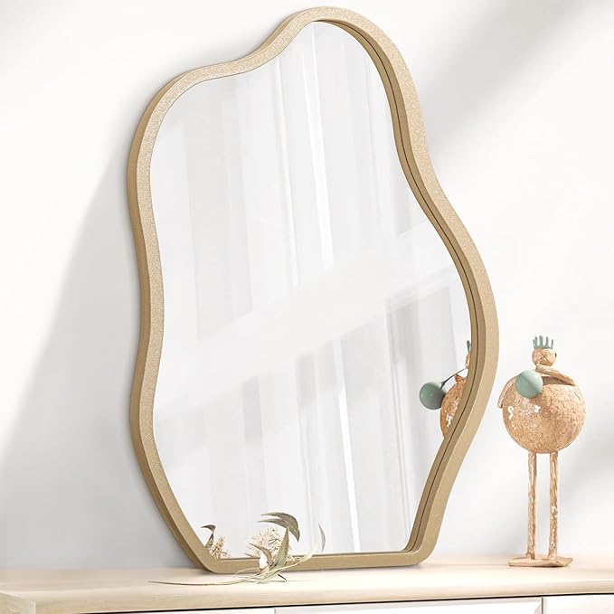 Irregular Mirror for Wall Gold Modern Asymmetrical Large Mirror Wooden Framed Hanging Wall Mirror Unique Shape Vanity Cloud Mirror Decor Decorative for Bedroom Bathroom Living Room Entryway
