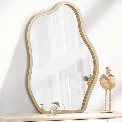 Irregular Mirror for Wall Gold Modern Asymmetrical Large Mirror Wooden Framed Hanging Wall Mirror Unique Shape Vanity Cloud Mirror Decor Decorative for Bedroom Bathroom Living Room Entryway